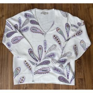 Ann Taylor Loft Sweater Womens M White Vneck Pullover Paisley Print Cotton Blend
